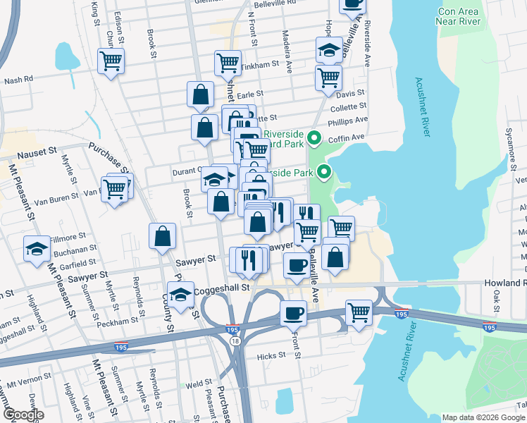 map of restaurants, bars, coffee shops, grocery stores, and more near 1325 Acushnet Avenue in New Bedford