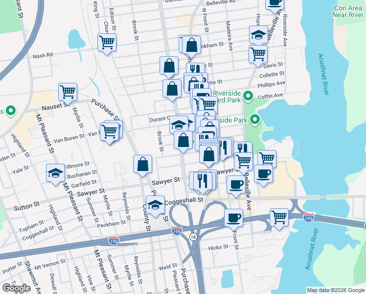 map of restaurants, bars, coffee shops, grocery stores, and more near 92 Nye Street in New Bedford
