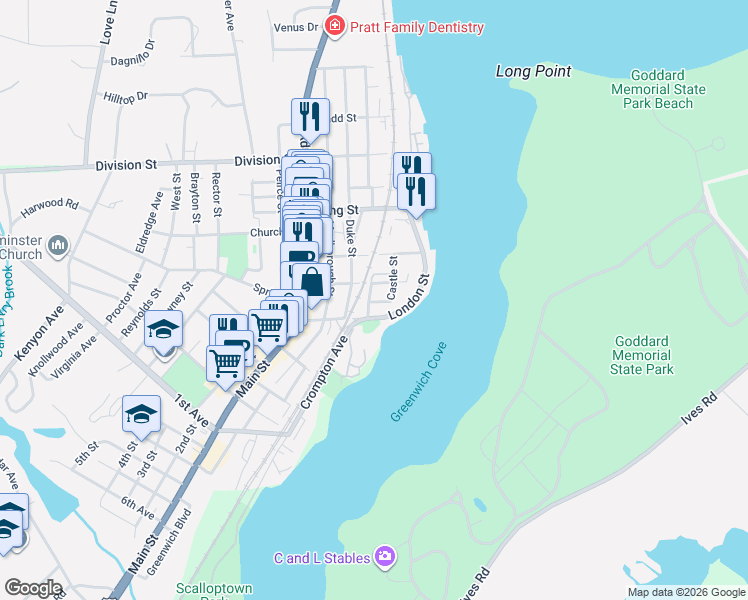map of restaurants, bars, coffee shops, grocery stores, and more near 31 Castle Street in East Greenwich