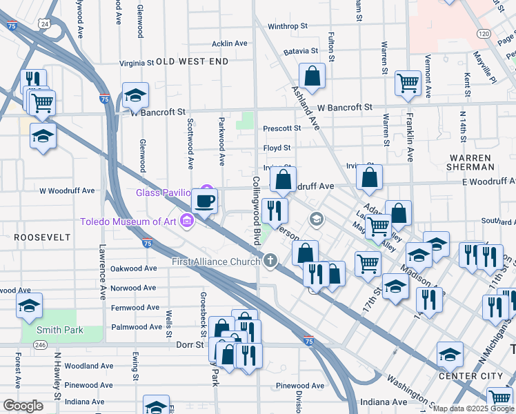 map of restaurants, bars, coffee shops, grocery stores, and more near 1910 Collingwood Boulevard in Toledo