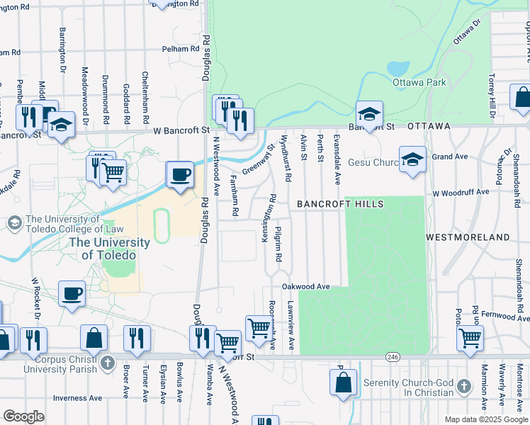 map of restaurants, bars, coffee shops, grocery stores, and more near 1914 Fernhill Road in Toledo