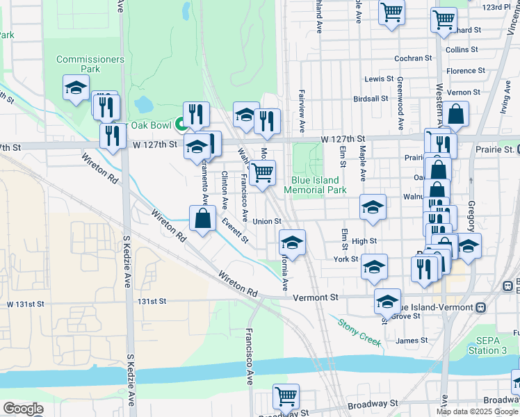 map of restaurants, bars, coffee shops, grocery stores, and more near 12840 Mozart Street in Blue Island