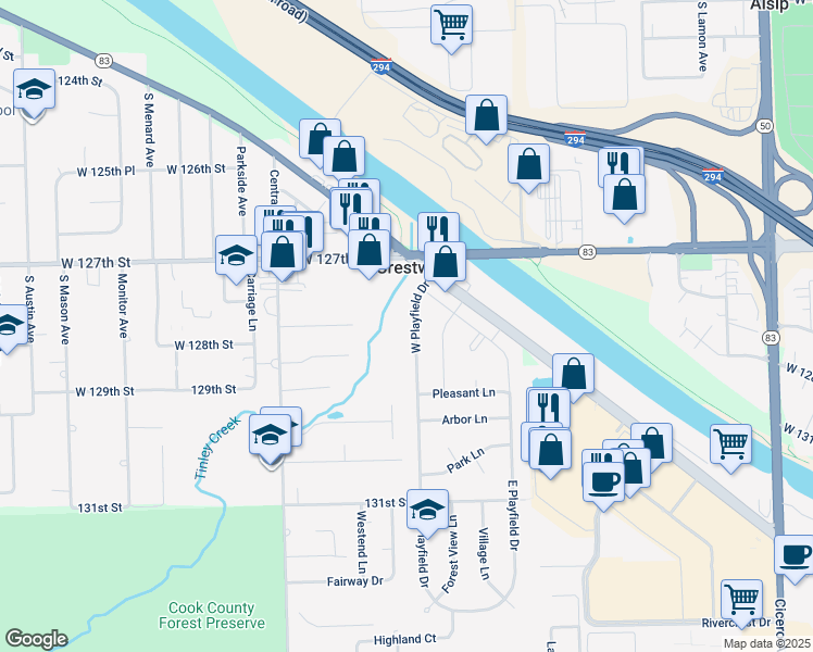 map of restaurants, bars, coffee shops, grocery stores, and more near 12800 West Playfield Drive in Crestwood