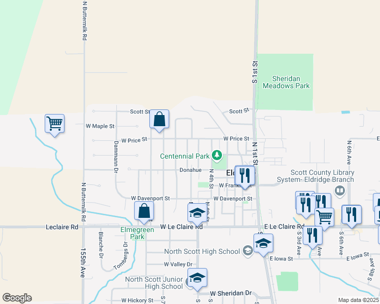 map of restaurants, bars, coffee shops, grocery stores, and more near 500 North 5th Place in Eldridge