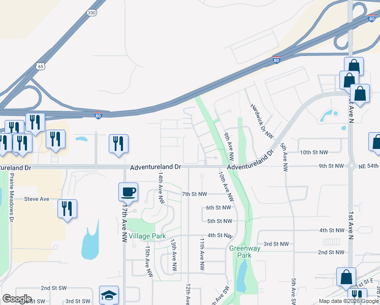 map of restaurants, bars, coffee shops, grocery stores, and more near 1127 Greenway Court in Altoona