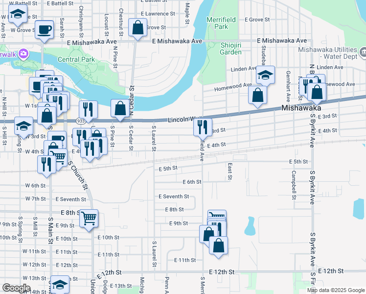 map of restaurants, bars, coffee shops, grocery stores, and more near 820 East 4th Street in Mishawaka