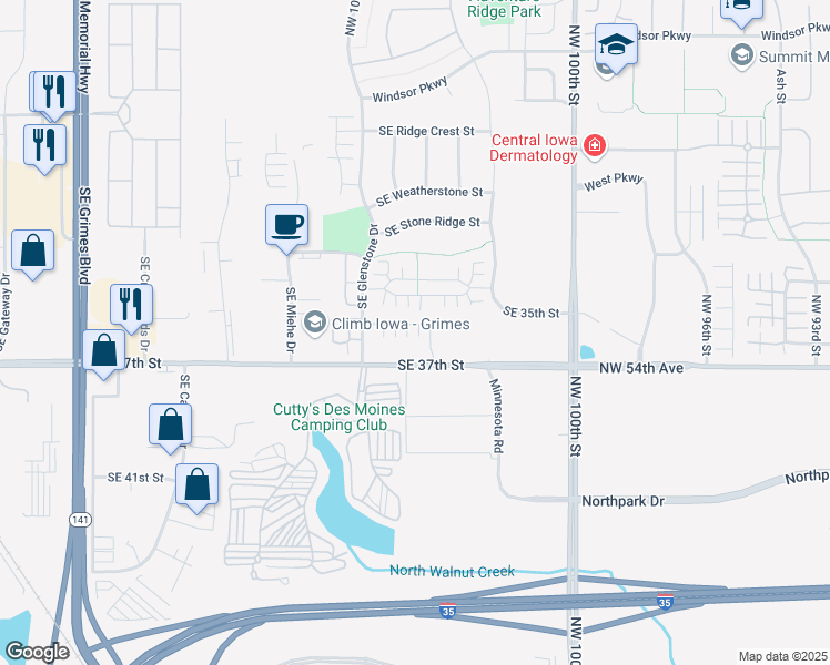 map of restaurants, bars, coffee shops, grocery stores, and more near 3600 Southeast Glenstone Drive in Grimes