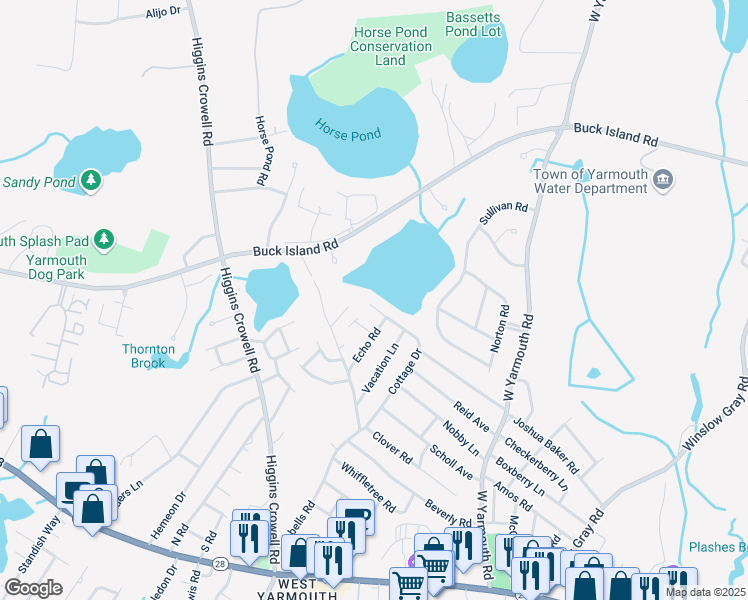 map of restaurants, bars, coffee shops, grocery stores, and more near 92 Cottage Drive in Yarmouth