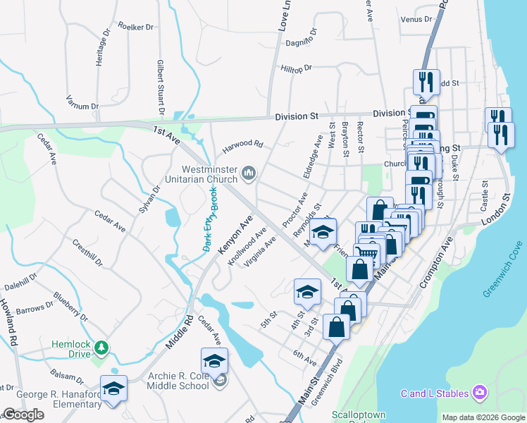 map of restaurants, bars, coffee shops, grocery stores, and more near 233 1st Ave in East Greenwich