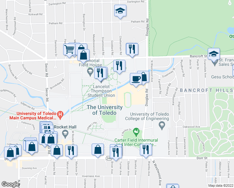map of restaurants, bars, coffee shops, grocery stores, and more near Stadium Dr in Toledo