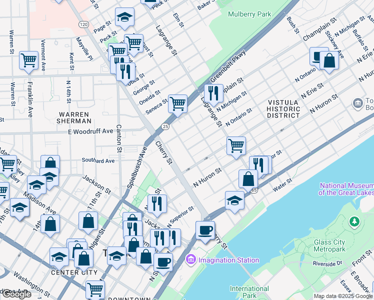 map of restaurants, bars, coffee shops, grocery stores, and more near 800 Walnut Street in Toledo