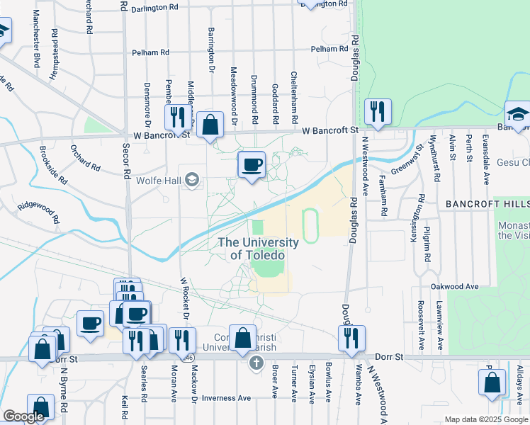 map of restaurants, bars, coffee shops, grocery stores, and more near 2801 Bancroft Street in Toledo