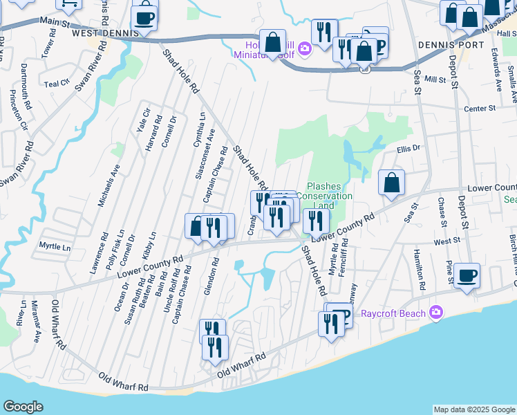 map of restaurants, bars, coffee shops, grocery stores, and more near 18 Cranberry Lane in Dennis