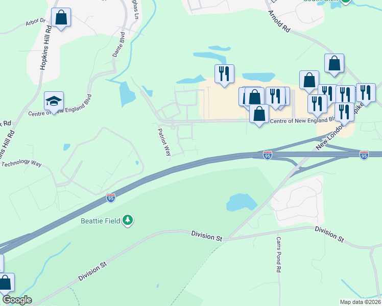 map of restaurants, bars, coffee shops, grocery stores, and more near 12338 Patriot Way in West Greenwich