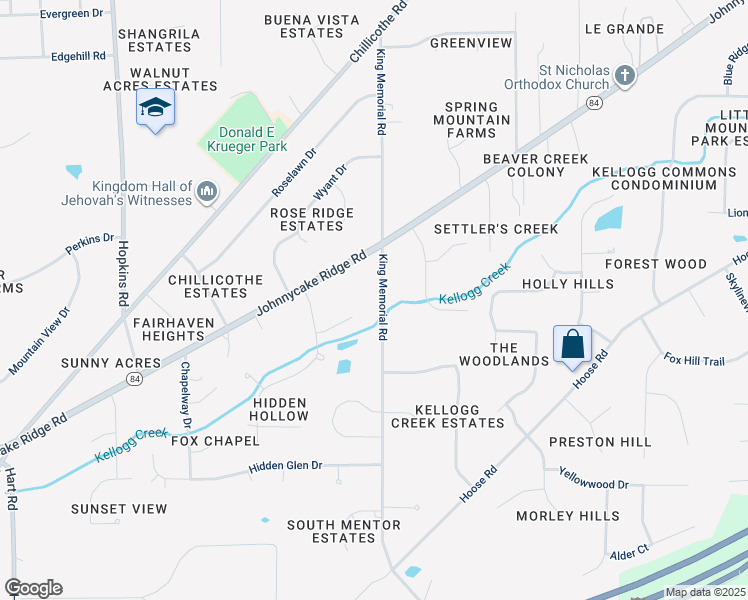 map of restaurants, bars, coffee shops, grocery stores, and more near 7746 King Memorial Road in Mentor