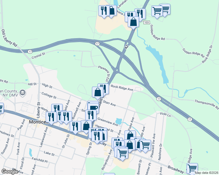 map of restaurants, bars, coffee shops, grocery stores, and more near 4 Rock Ridge Avenue in Monticello