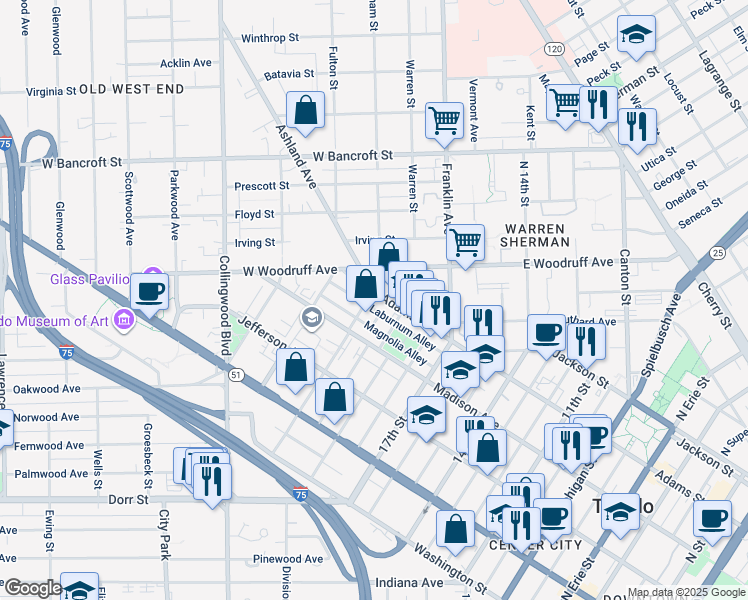 map of restaurants, bars, coffee shops, grocery stores, and more near 2033 Adams Street in Toledo