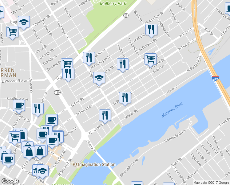 map of restaurants, bars, coffee shops, grocery stores, and more near 529 Elm Street in Toledo