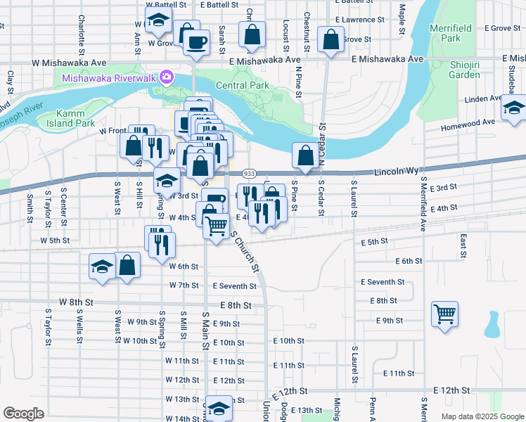 map of restaurants, bars, coffee shops, grocery stores, and more near 252-298 Union St in Mishawaka