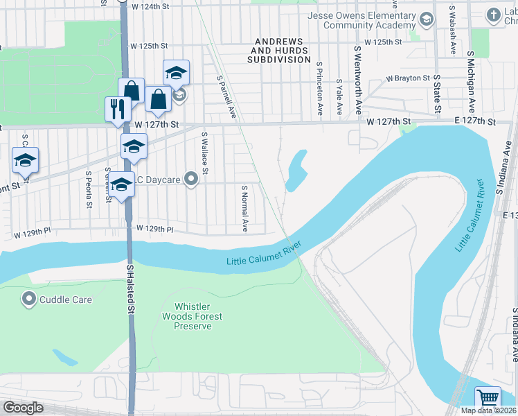 map of restaurants, bars, coffee shops, grocery stores, and more near 12902 South Eggleston Avenue in Chicago