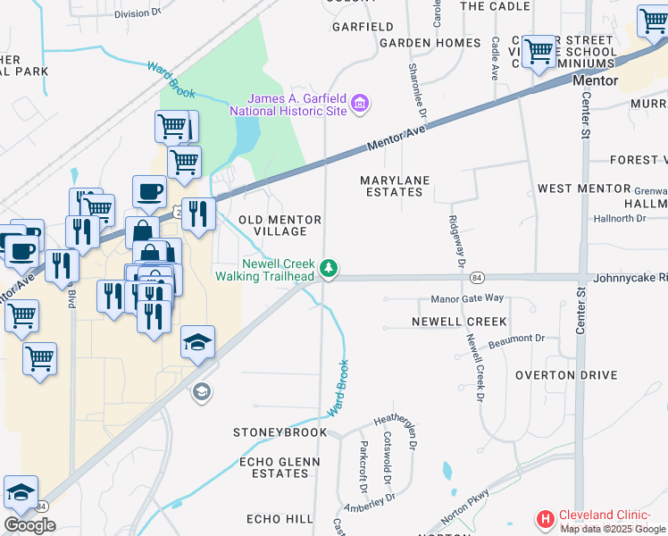 map of restaurants, bars, coffee shops, grocery stores, and more near 8069 Johnnycake Ridge Road in Mentor