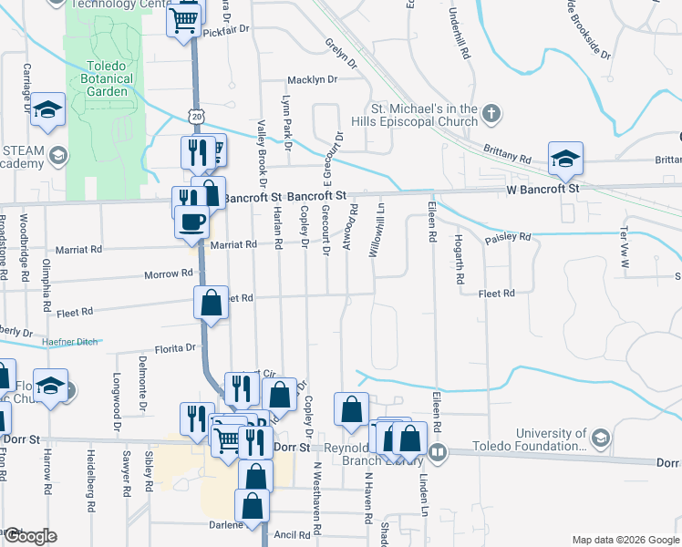 map of restaurants, bars, coffee shops, grocery stores, and more near 1923 Atwood Rd in Toledo