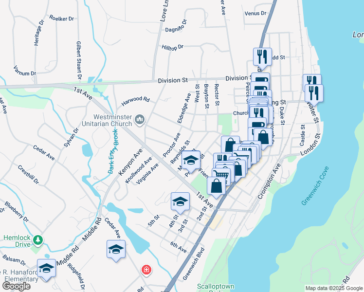 map of restaurants, bars, coffee shops, grocery stores, and more near 43 Reynolds Street in East Greenwich