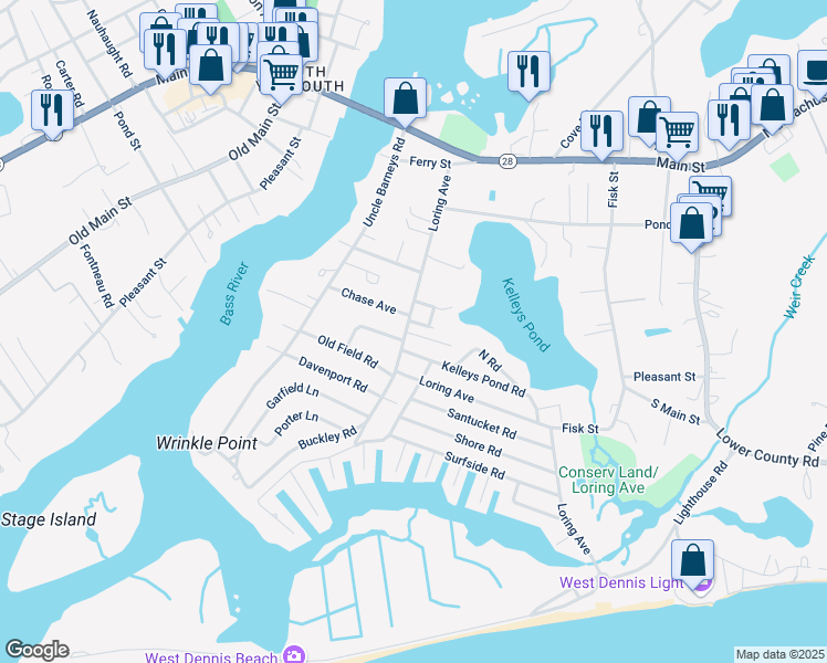 map of restaurants, bars, coffee shops, grocery stores, and more near 4 Uncle Franks Road in Dennis