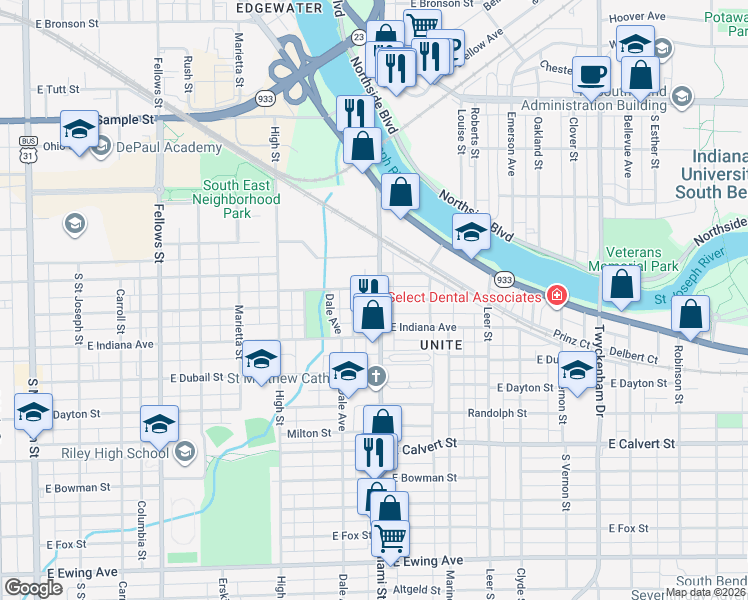 map of restaurants, bars, coffee shops, grocery stores, and more near 1421 Miami Street in South Bend