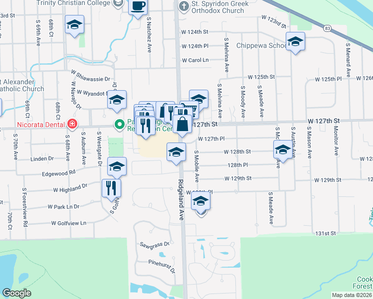 map of restaurants, bars, coffee shops, grocery stores, and more near 12741 South Ridgeland Avenue in Palos Heights