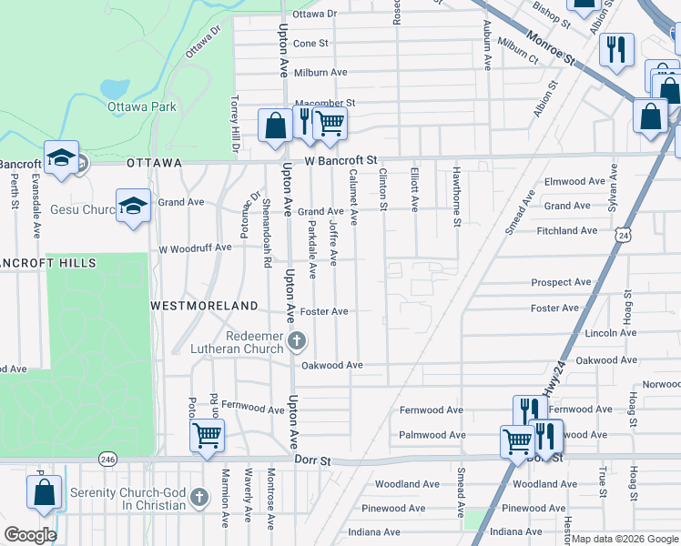 map of restaurants, bars, coffee shops, grocery stores, and more near 1926 Joffre Avenue in Toledo