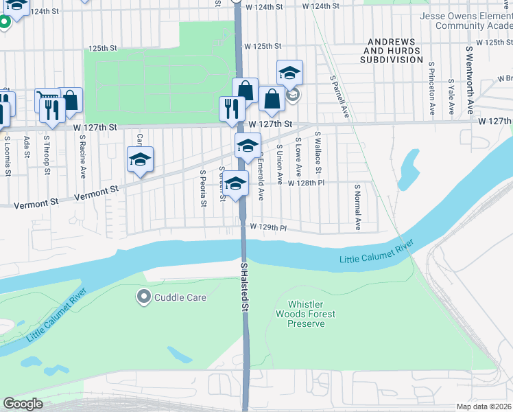 map of restaurants, bars, coffee shops, grocery stores, and more near 12900 South Emerald Avenue in Chicago