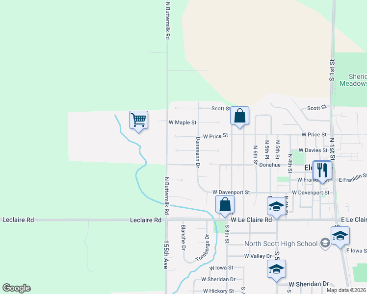 map of restaurants, bars, coffee shops, grocery stores, and more near 1234 West Davies Street in Eldridge