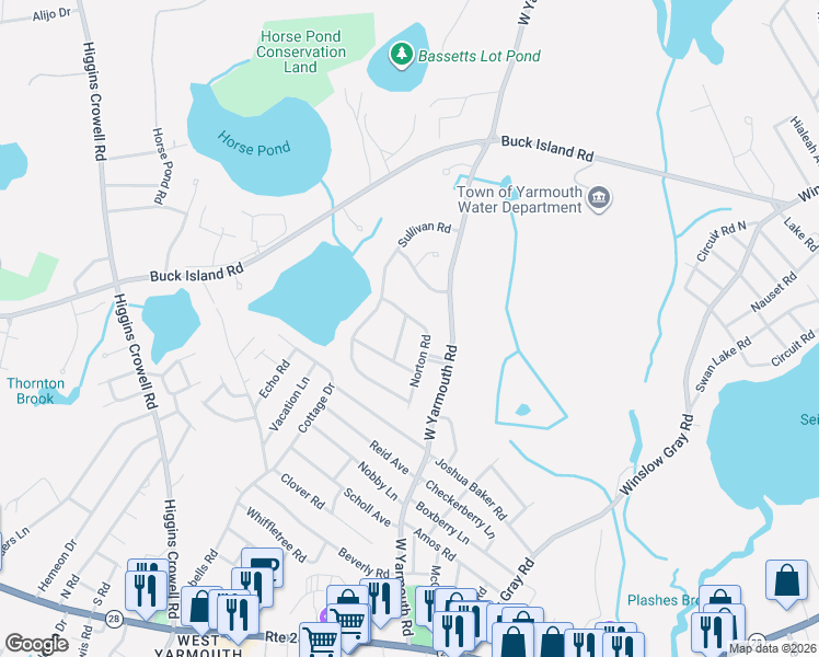 map of restaurants, bars, coffee shops, grocery stores, and more near 21 Norton Road in Yarmouth