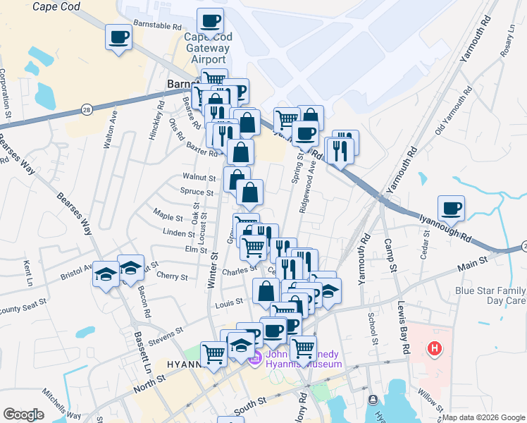 map of restaurants, bars, coffee shops, grocery stores, and more near 168 Barnstable Road in Barnstable