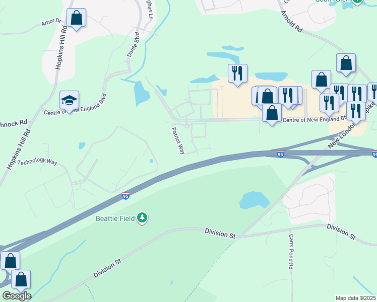 map of restaurants, bars, coffee shops, grocery stores, and more near 13226 Patriot Way in West Greenwich