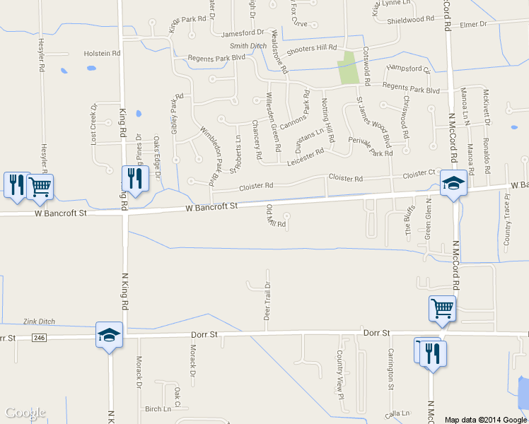 map of restaurants, bars, coffee shops, grocery stores, and more near 2129 Old Mill Road in Toledo