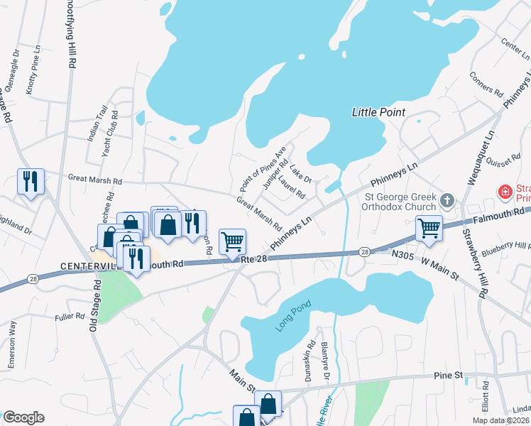 map of restaurants, bars, coffee shops, grocery stores, and more near 46 Great Marsh Road in Barnstable