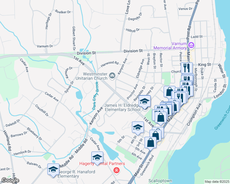 map of restaurants, bars, coffee shops, grocery stores, and more near 1st Avenue in East Greenwich