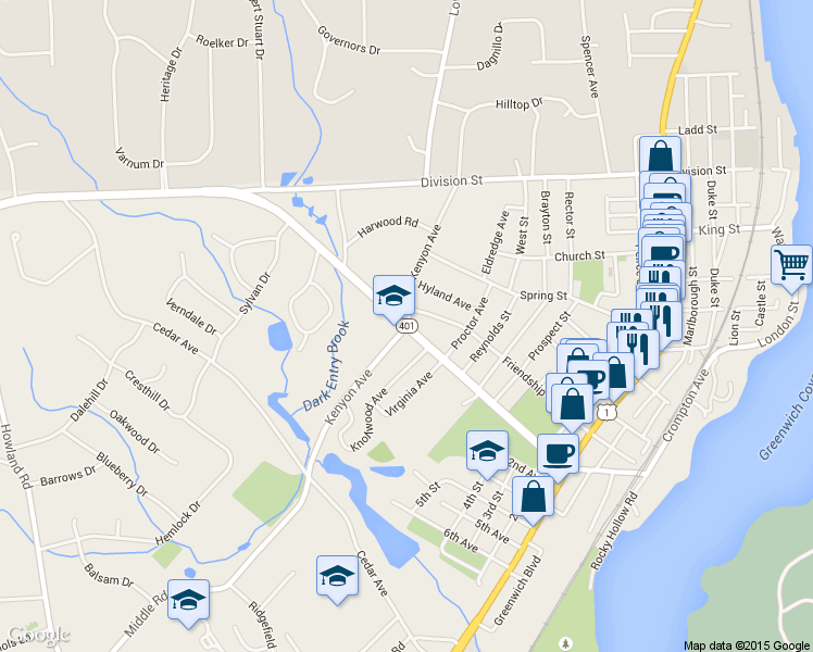 map of restaurants, bars, coffee shops, grocery stores, and more near 1st Avenue in East Greenwich