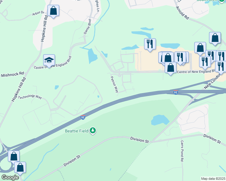 map of restaurants, bars, coffee shops, grocery stores, and more near 16111 Patriot Way in West Greenwich