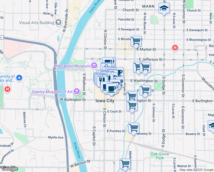 map of restaurants, bars, coffee shops, grocery stores, and more near 114 South Clinton Street in Iowa City