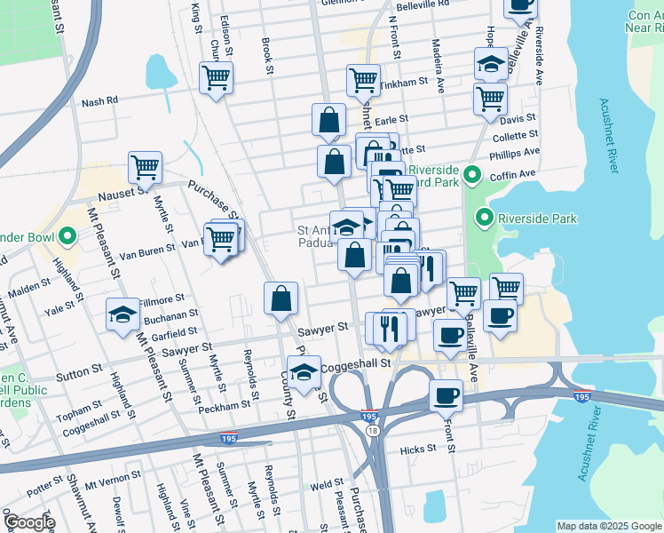 map of restaurants, bars, coffee shops, grocery stores, and more near 136 Nye Street in New Bedford