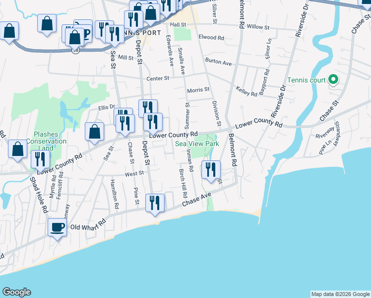 map of restaurants, bars, coffee shops, grocery stores, and more near 2 Helen's Way in Dennis