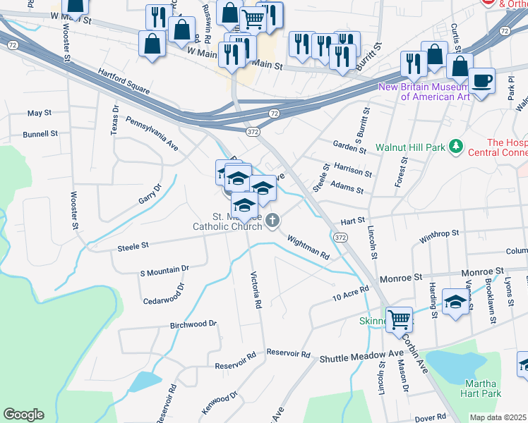 map of restaurants, bars, coffee shops, grocery stores, and more near 145 Steele Street in New Britain