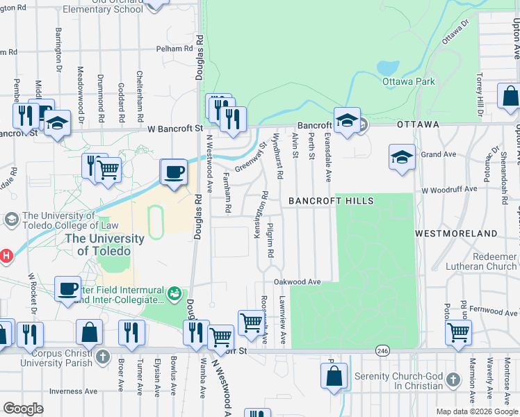 map of restaurants, bars, coffee shops, grocery stores, and more near 1913 Kensington Road in Toledo