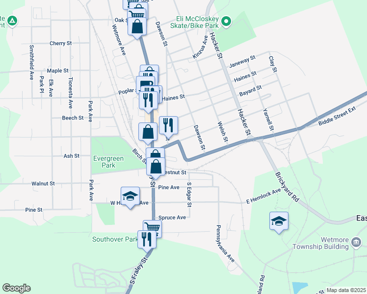map of restaurants, bars, coffee shops, grocery stores, and more near 108 South Edgar Street in Kane