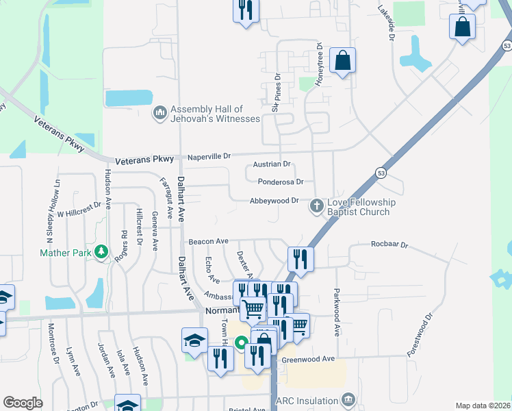 map of restaurants, bars, coffee shops, grocery stores, and more near 39 Abbeywood Drive in Romeoville
