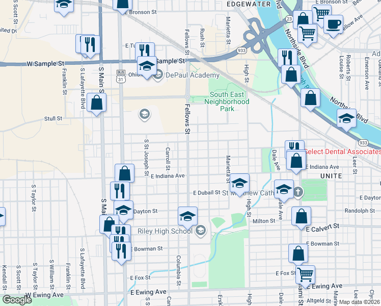 map of restaurants, bars, coffee shops, grocery stores, and more near 1418 Fellows Street in South Bend