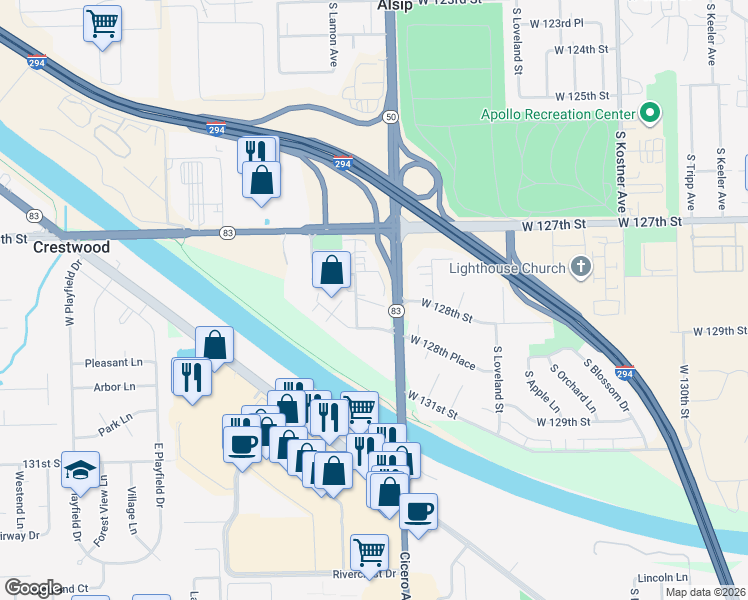 map of restaurants, bars, coffee shops, grocery stores, and more near 4819 West Engle Road in Alsip